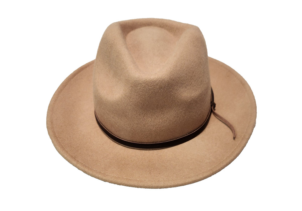 Anthropologie Wide Brim Fedora Hat Tan Wool Felt Leather Band One Size Fits Most